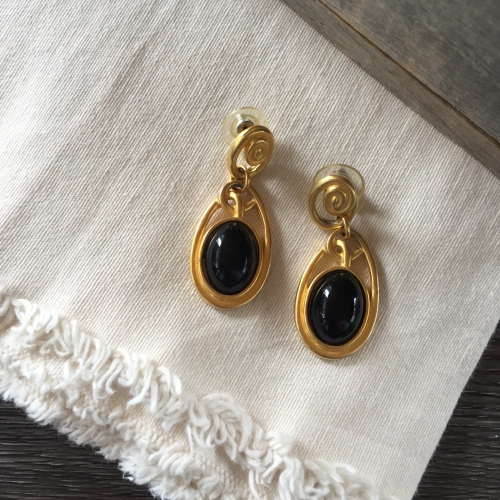 VINTAGE 90’s Statement Earrings Brushed Gold & Black Dangle Signed M. Jent